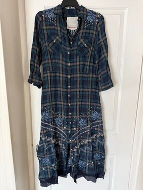 Johnny Was Navy Plaid Embroidered Maxi Dress